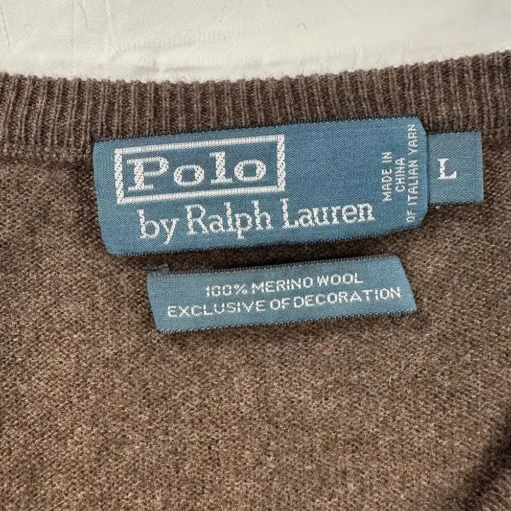 Vintage 90s Polo Ralph Lauren Merino Wool V-Neck Pullover Sweater Large Brown